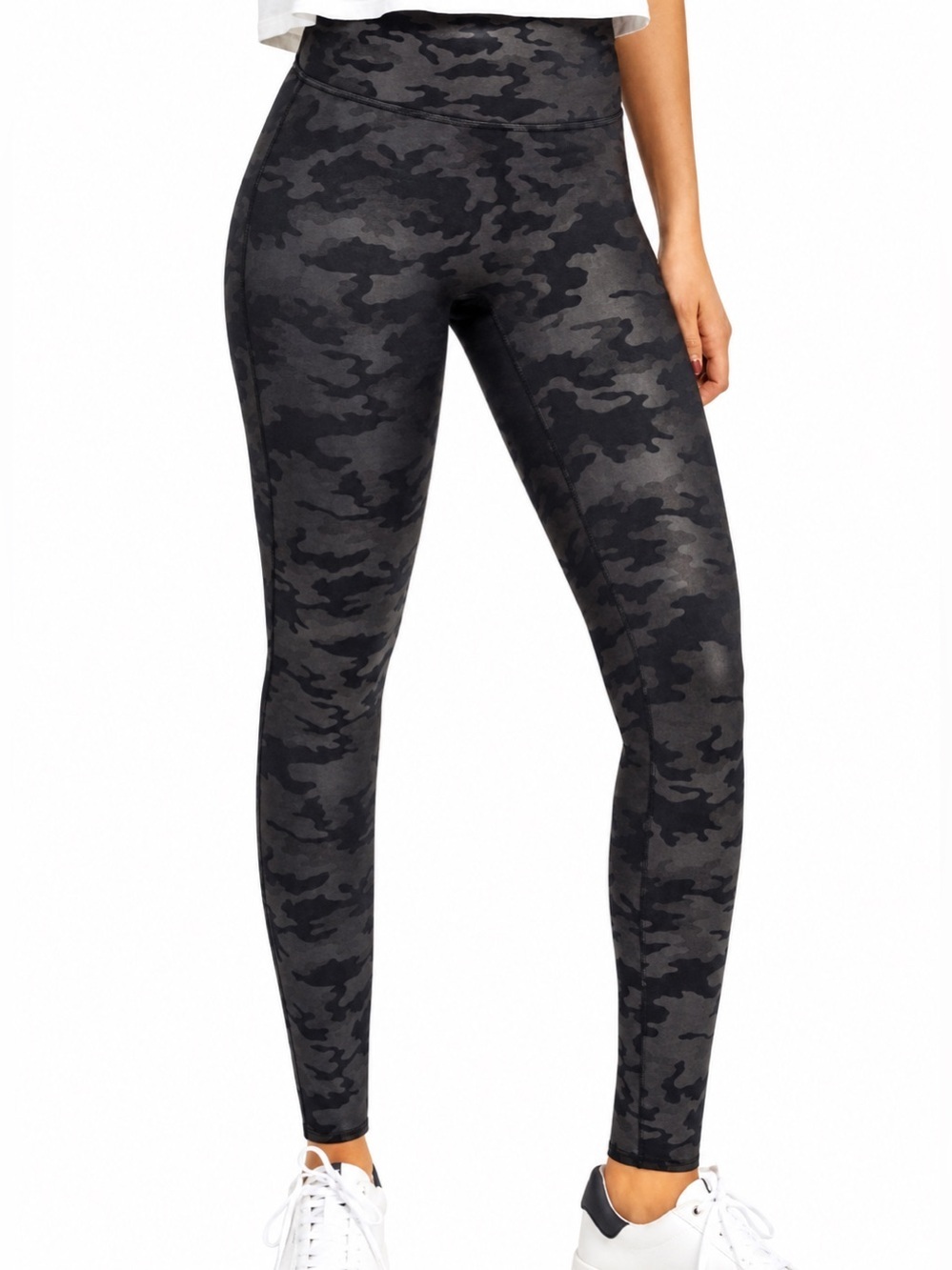 Spanx faux leather black camo leggings, large